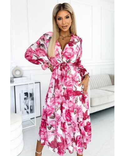Rochii de vara, Rochie de vara midi din chiffon roz cu flori vaporoasa cu volane si maneca lunga Alyna - jojofashion.ro