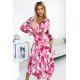 Rochie de vara midi din chiffon roz cu flori vaporoasa cu volane si maneca lunga Alyna 2 - jojofashion.ro