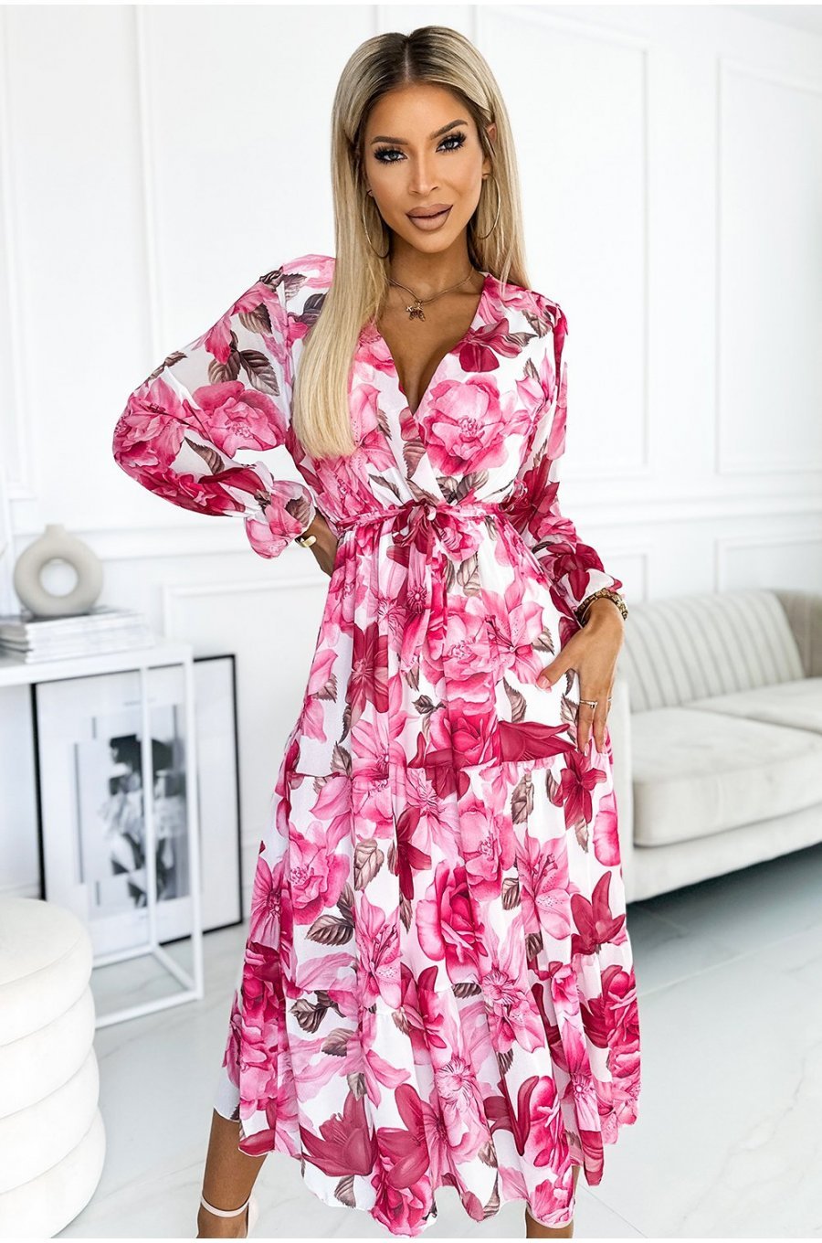 Rochie de vara midi din chiffon roz cu flori vaporoasa cu volane si maneca lunga Alyna 1 - jojofashion.ro
