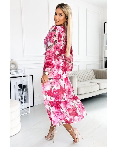 Rochii de vara, Rochie de vara midi din chiffon roz cu flori vaporoasa cu volane si maneca lunga Alyna - jojofashion.ro
