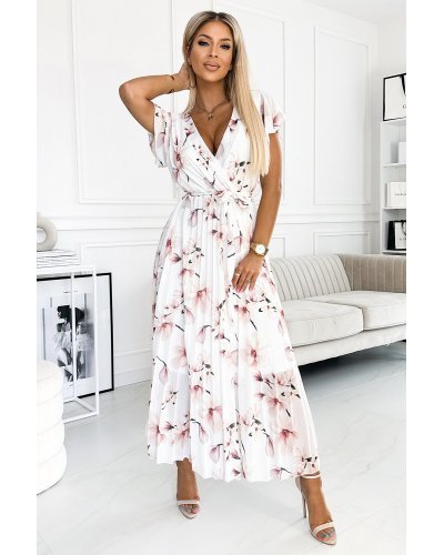 Rochie de vara lunga alba cu flori piersica vaporoasa plisata Isolda Rochii lungi, Rochie de vara lunga alba cu flori piersica vaporoasa plisata Isolda - jojofashion.ro