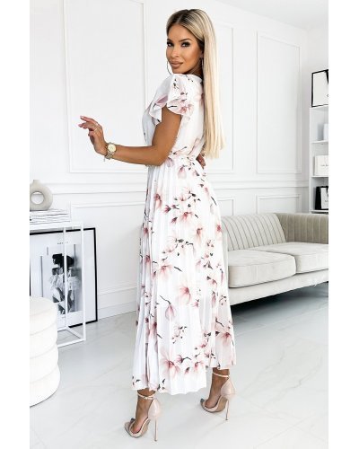 Rochie de vara lunga alba cu flori piersica vaporoasa plisata Isolda Rochii lungi, Rochie de vara lunga alba cu flori piersica vaporoasa plisata Isolda - jojofashion.ro