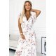Rochie de vara lunga alba cu flori piersica vaporoasa plisata Isolda 6 - jojofashion.ro