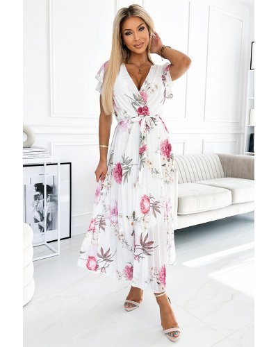 Rochie de vara alba cu flori roz pal vaporoasa plisata Isolda Rochii lungi, Rochie de vara alba cu flori roz pal vaporoasa plisata Isolda - jojofashion.ro