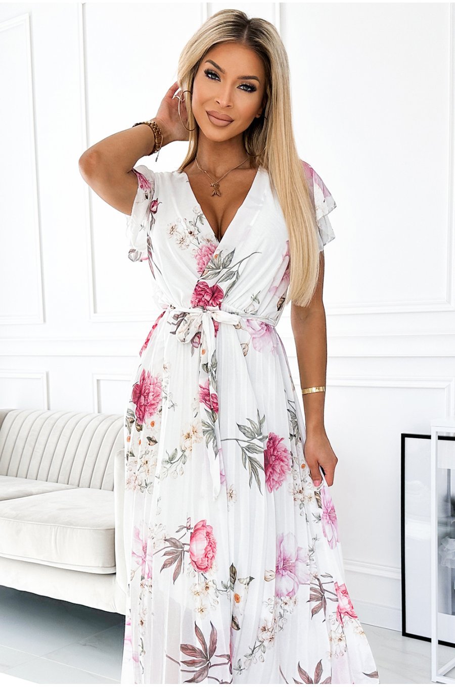 Rochie de vara plisata, lunga, alba cu flori roz pal, vaporoasa, Isolda 5 - jojofashion.ro