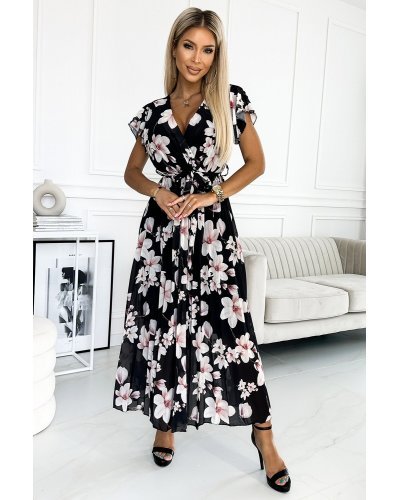 Rochie de vara lunga neagra cu flori ecru vaporoasa plisata Isolda Rochii lungi, Rochie de vara lunga neagra cu flori ecru vaporoasa plisata Isolda - jojofashion.ro