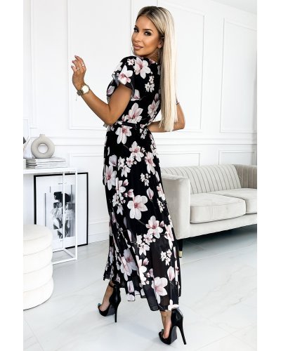 Rochie de vara lunga neagra cu flori ecru vaporoasa plisata Isolda Rochii lungi, Rochie de vara lunga neagra cu flori ecru vaporoasa plisata Isolda - jojofashion.ro