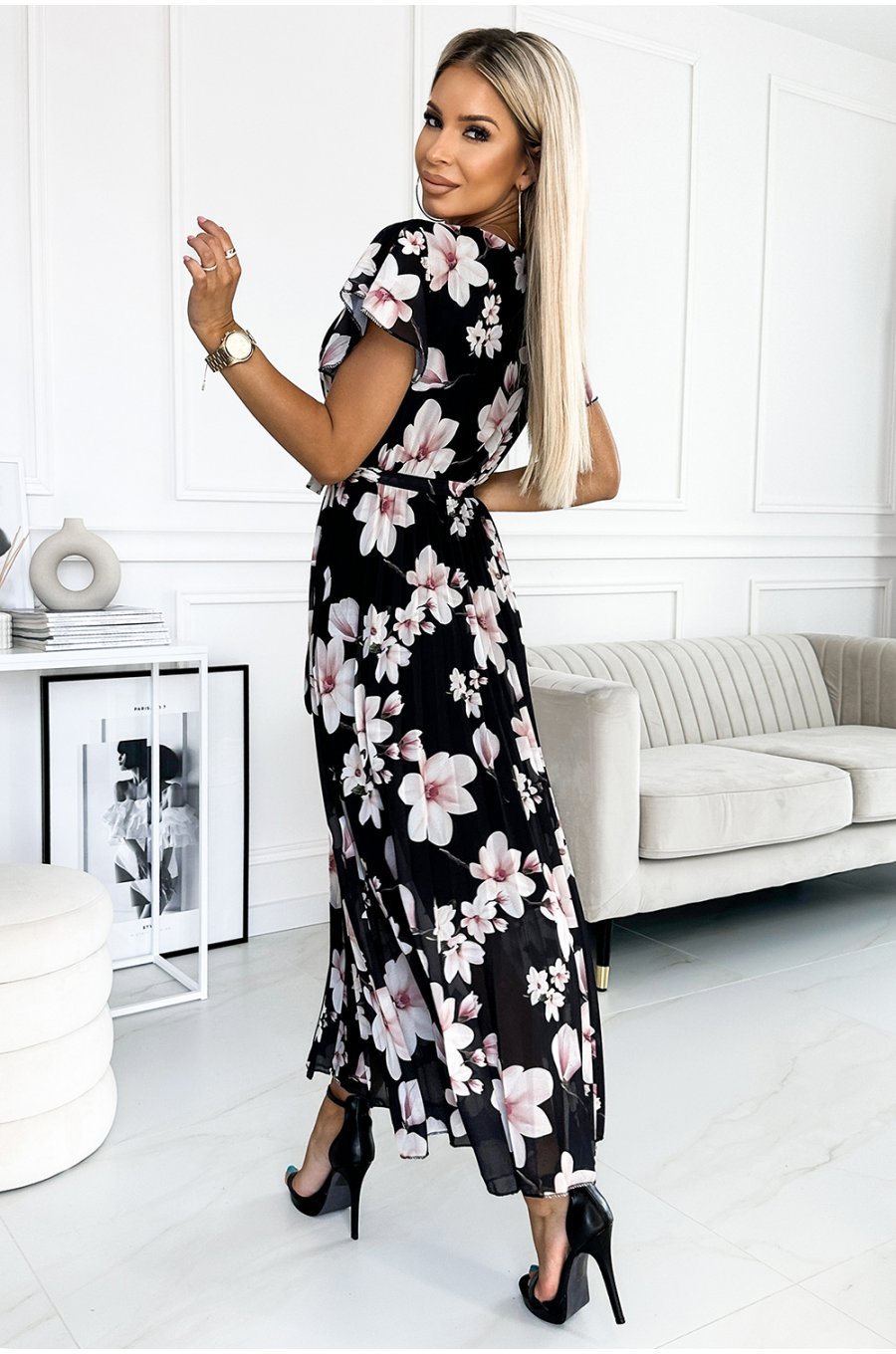 Rochie de vara lunga neagra cu flori ecru vaporoasa plisata Isolda 2 - jojofashion.ro