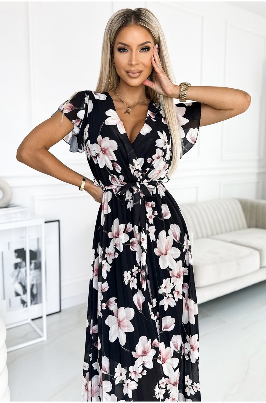 Rochie de vara lunga neagra cu flori ecru vaporoasa plisata Isolda 3 - jojofashion.ro