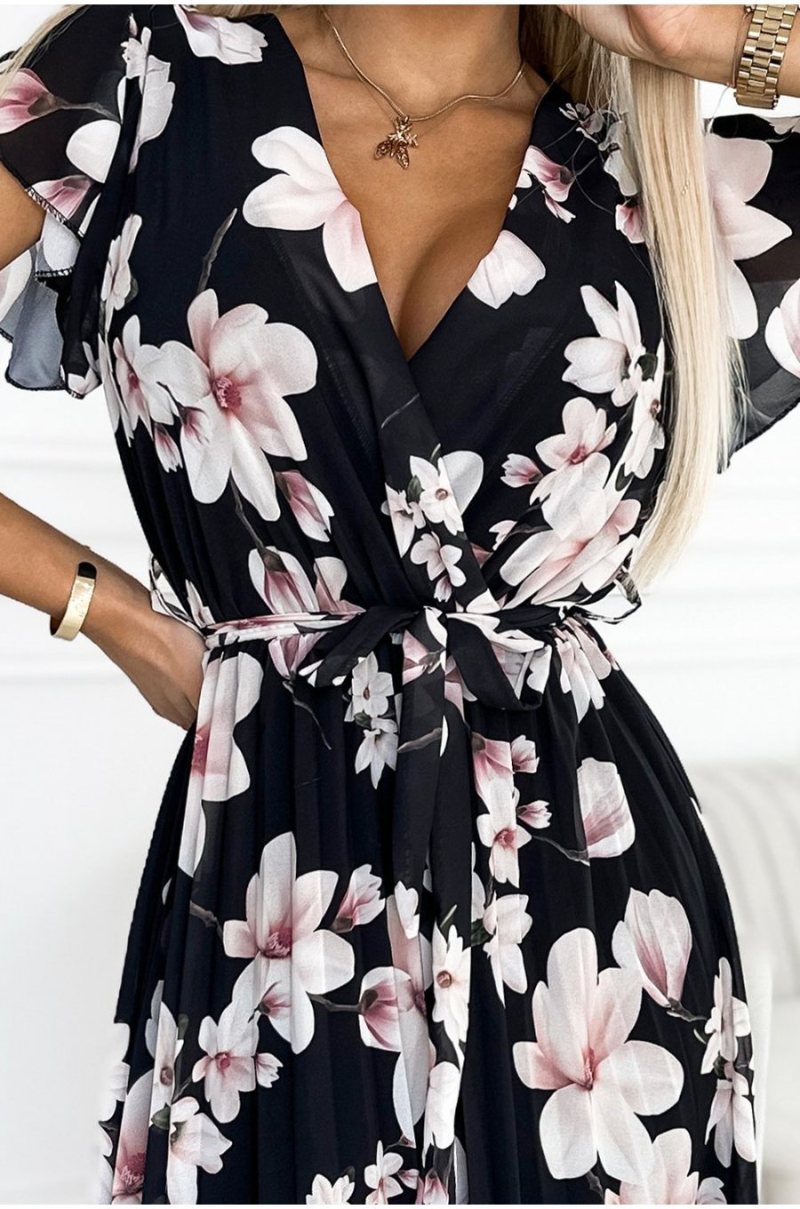 Rochie de vara plisata, lunga, neagra cu flori ecru, vaporoasa, Isolda 6 - jojofashion.ro