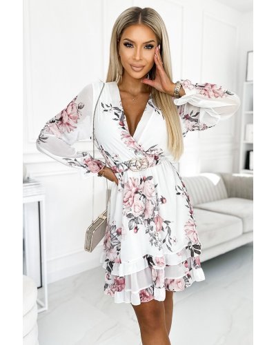Rochie scurta alba cu flori mari din chiffon cu maneca lunga si volane Marcia Rochii scurte, Rochie scurta alba cu flori mari din chiffon cu maneca lunga si volane Marcia - jojofashion.ro