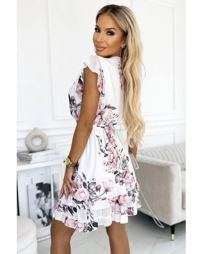 Rochie alba cu flori roz din chiffon scurta cu volane Patrizia Rochii scurte, Rochie alba cu flori roz din chiffon scurta cu volane Patrizia - jojofashion.ro
