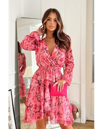 Rochie scurta, din chiffon roz, cu flori, vaporoasa, cu maneca lunga, Nastya Rochii de zi, Rochie scurta, din chiffon roz, cu flori, vaporoasa, cu maneca lunga, Nastya - jojofashion.ro
