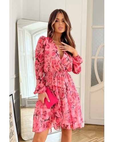 Rochie scurta, din chiffon roz, cu flori, vaporoasa, cu maneca lunga, Nastya Rochii de zi, Rochie scurta, din chiffon roz, cu flori, vaporoasa, cu maneca lunga, Nastya - jojofashion.ro