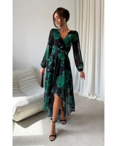 Rochii vaporoase, Rochie eleganta din voal verde lunga cu flori cu maneca lunga vaporoasa Sureya - jojofashion.ro