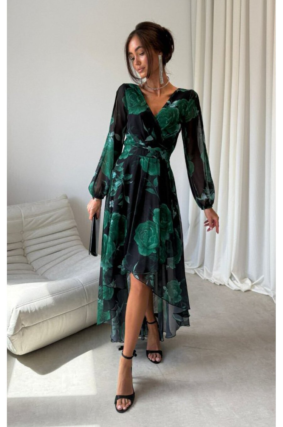 Rochie eleganta din voal verde lunga cu flori cu maneca lunga vaporoasa Sureya 1 - jojofashion.ro