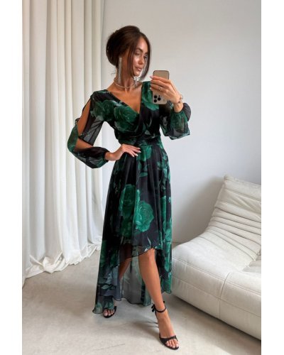 Rochii vaporoase, Rochie eleganta din voal verde lunga cu flori cu maneca lunga vaporoasa Sureya - jojofashion.ro