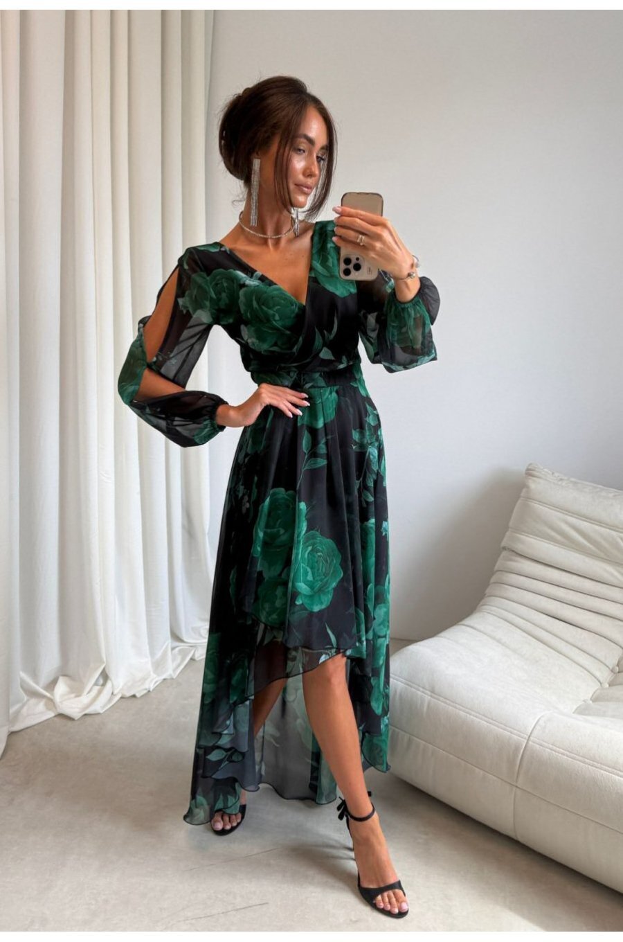 Rochie eleganta din voal verde lunga cu flori cu maneca lunga vaporoasa Sureya 2 - jojofashion.ro