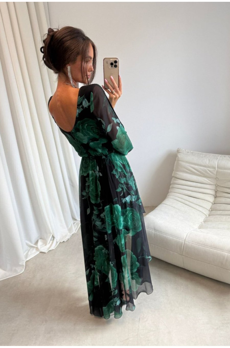 Rochie eleganta din voal verde lunga cu flori cu maneca lunga vaporoasa Sureya 3 - jojofashion.ro