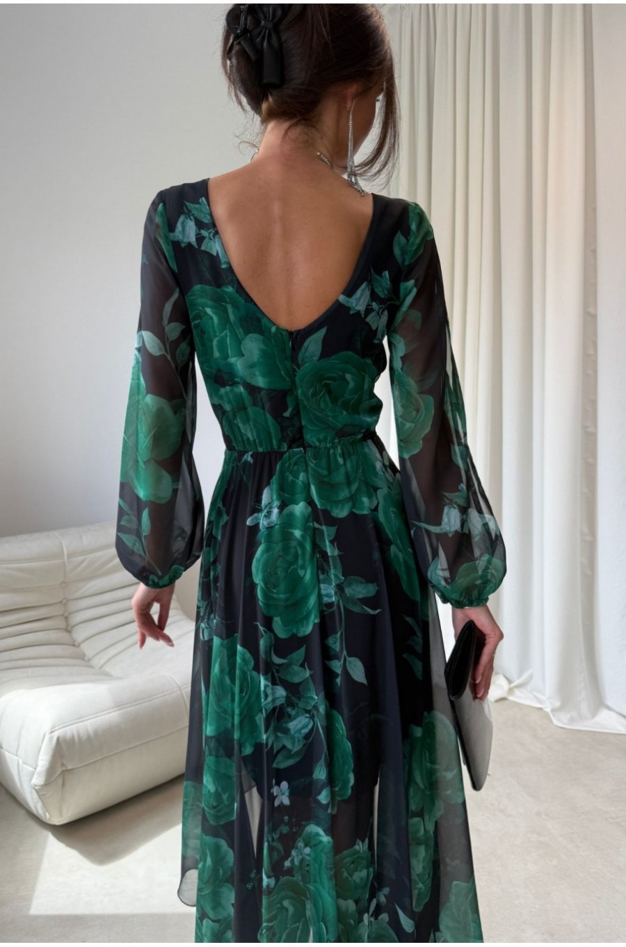 Rochie eleganta din voal verde lunga cu flori cu maneca lunga vaporoasa Sureya 4 - jojofashion.ro