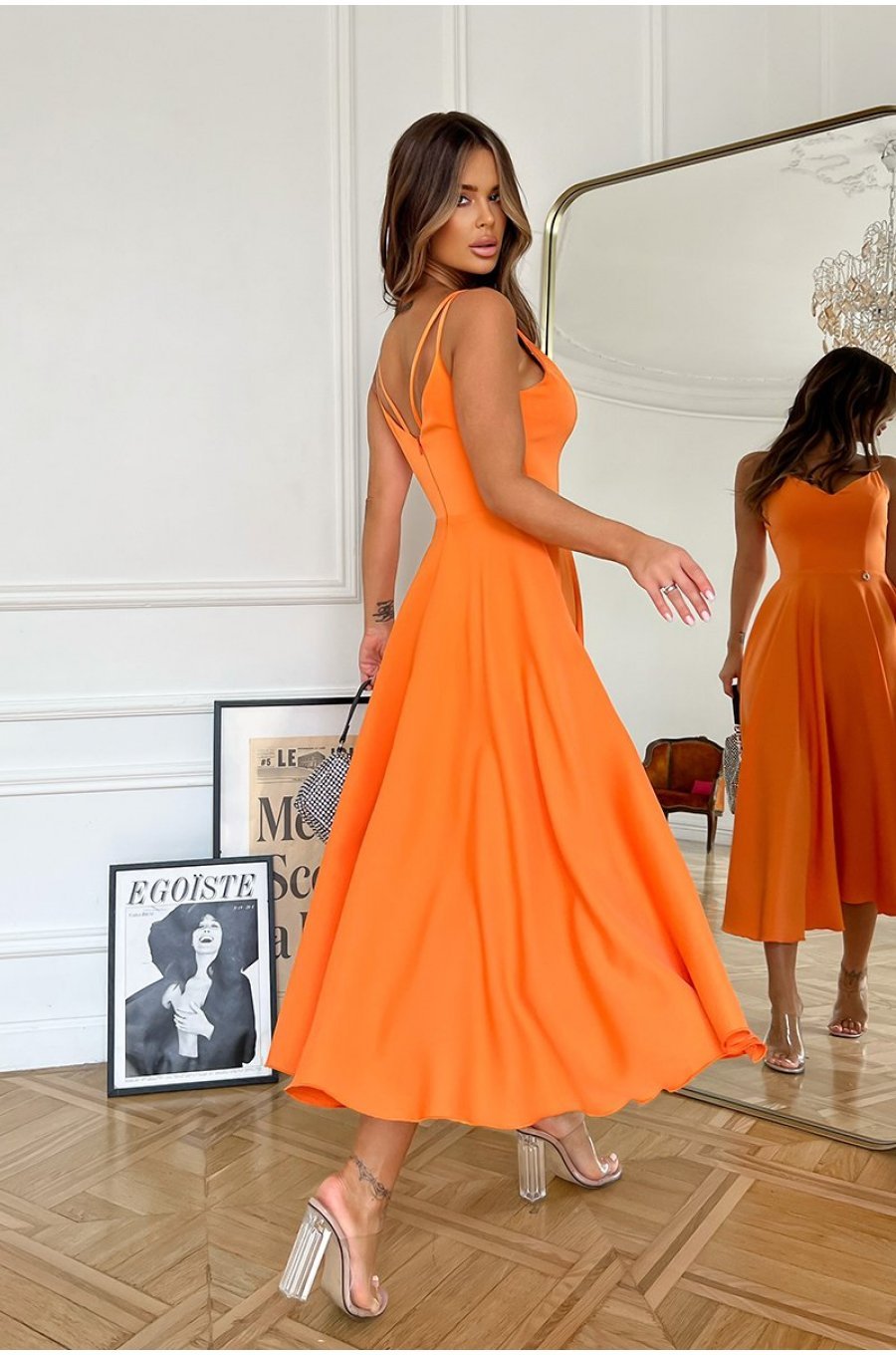 Rochie eleganta midi, de vara, orange, cu umerii goi, vaporoasa, Fabiola 2 - jojofashion.ro