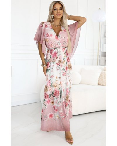 Rochie lunga din chiffon roz pastel cu flori vaporoasa ombre Shira Rochii de zi, Rochie lunga din chiffon roz pastel cu flori vaporoasa ombre Shira - jojofashion.ro