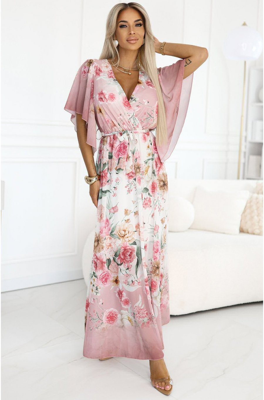 Rochie lunga din chiffon roz pastel cu flori vaporoasa ombre Shira 1 - jojofashion.ro