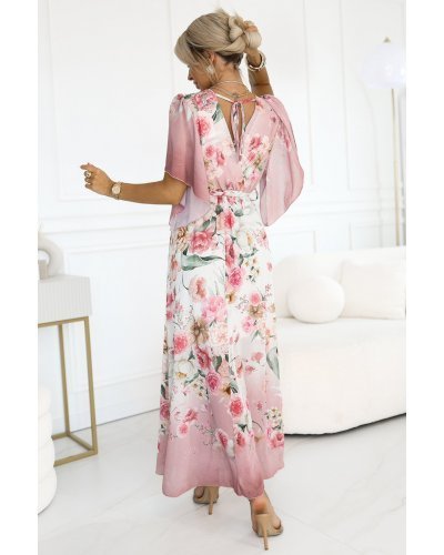 Rochie lunga din chiffon roz pastel cu flori vaporoasa ombre Shira Rochii de zi, Rochie lunga din chiffon roz pastel cu flori vaporoasa ombre Shira - jojofashion.ro