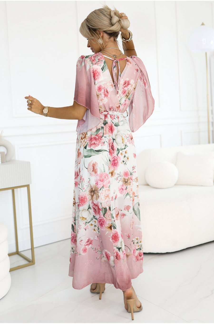 Rochie lunga din chiffon roz pastel cu flori vaporoasa ombre Shira 2 - jojofashion.ro