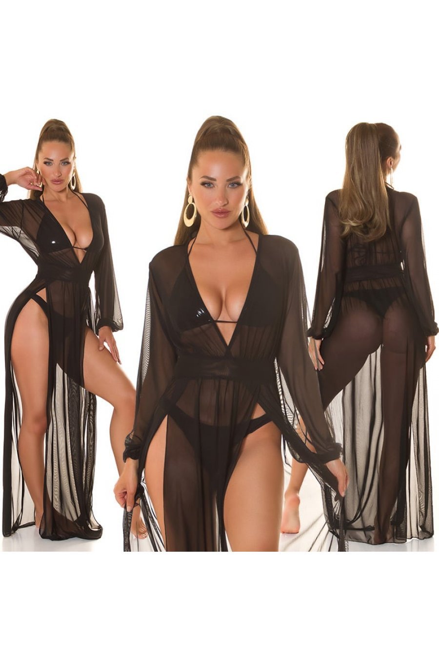 Rochie neagra pareo de plaja cu maneca lunga vaporoasa Carys Rochie neagra pareo de plaja cu maneca lunga vaporoasa Carys 3 - jojofashion.ro