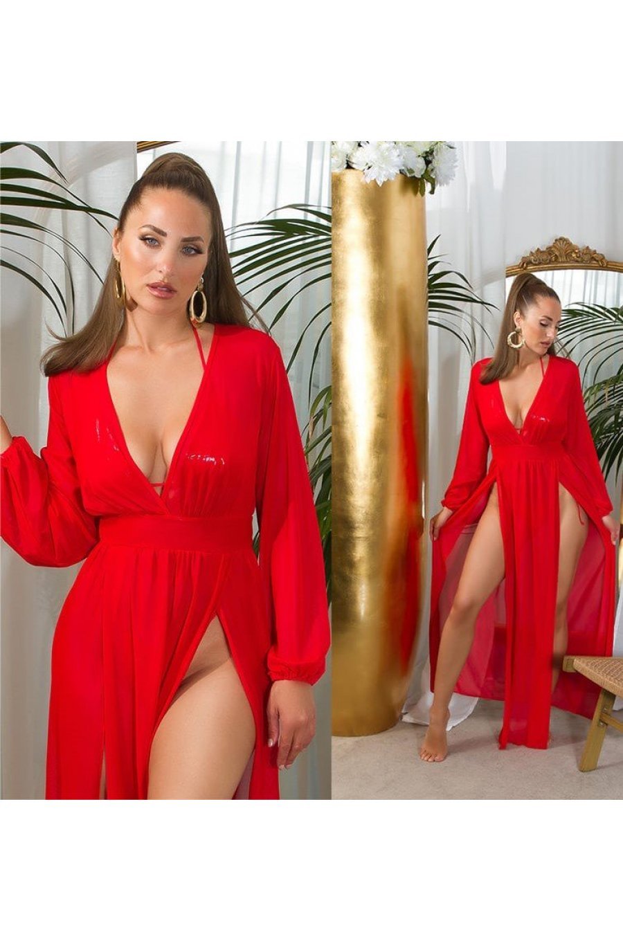 Rochie lunga rosie pareo de plaj cu maneca lunga vaporoasa Carys Rochie lunga rosie pareo de plaj cu maneca lunga vaporoasa Carys 3 - jojofashion.ro