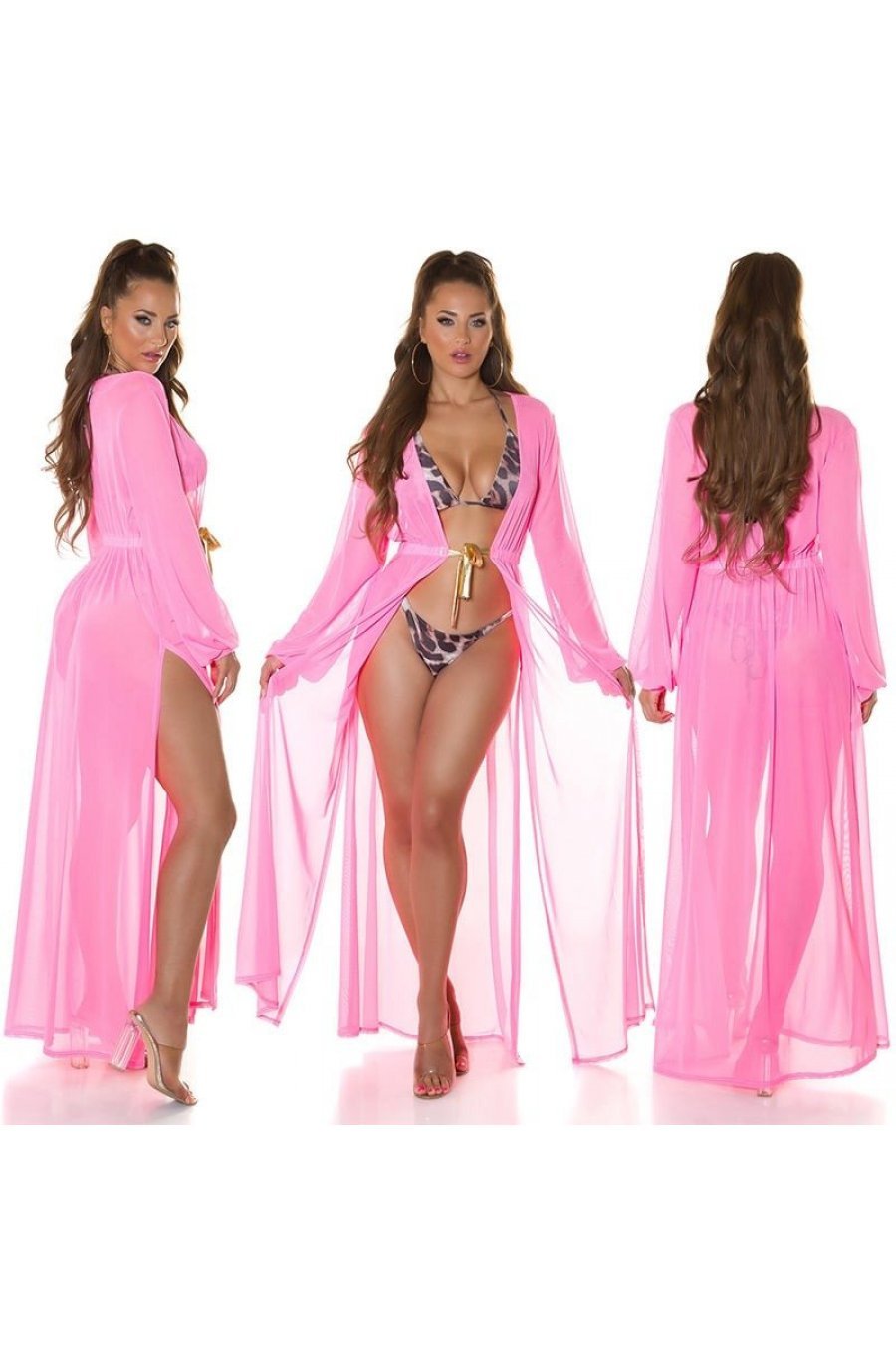 Rochie pareo de plaja, lunga, roz bombon, cu decupaje sexy, Kathrin 4 - jojofashion.ro