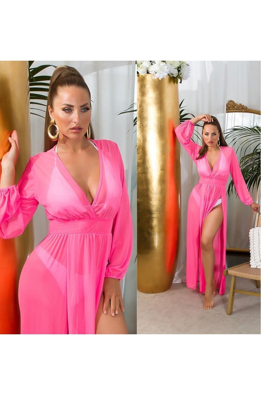 Rochie lunga roz neon pareo de plaja cu maneca lunga, vaporoasa, Carys 4 - jojofashion.ro
