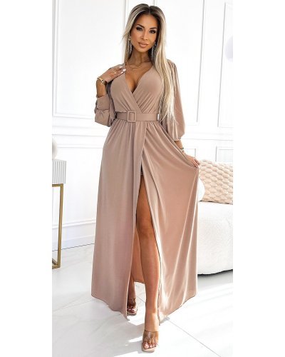 Rochie lunga bej vaporoasa cu maneca lunga Esther Rochii lungi, Rochie lunga bej vaporoasa cu maneca lunga Esther - jojofashion.ro
