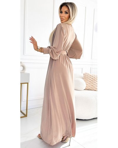 Rochie lunga bej vaporoasa cu maneca lunga Esther Rochii lungi, Rochie lunga bej vaporoasa cu maneca lunga Esther - jojofashion.ro