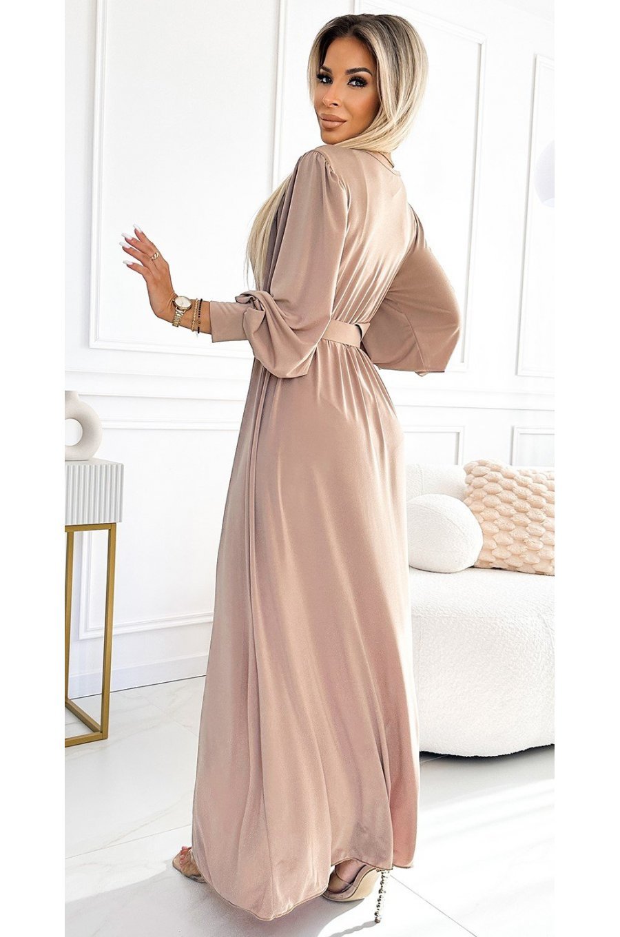 Rochie lunga bej vaporoasa cu maneca lunga Esther 2 - jojofashion.ro