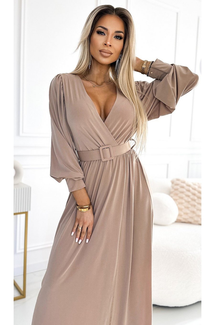 Rochie lunga bej vaporoasa cu maneca lunga Esther 3 - jojofashion.ro