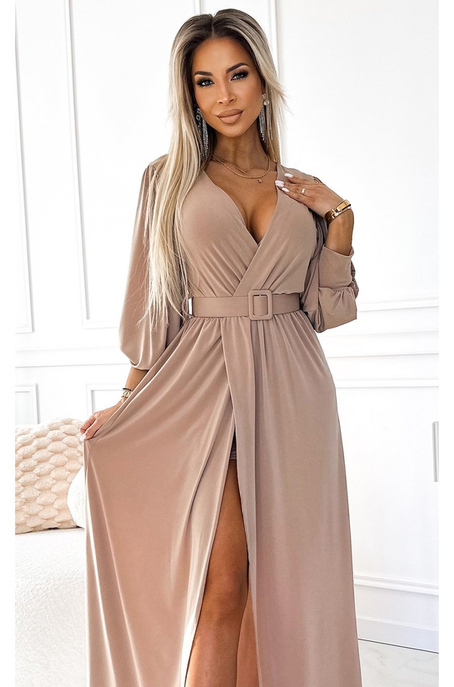 Rochie lunga bej vaporoasa cu maneca lunga Esther 5 - jojofashion.ro