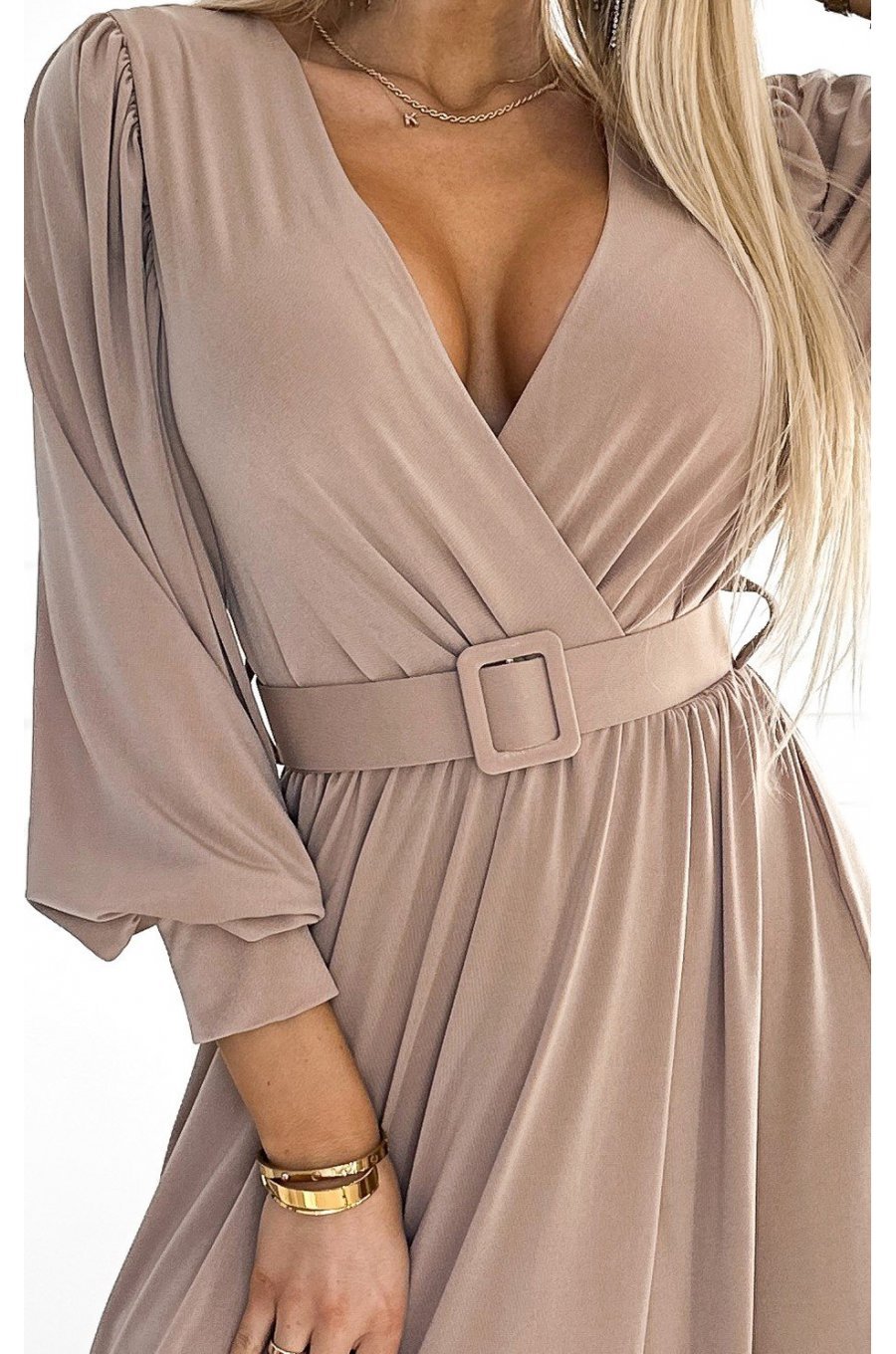 Rochie lunga bej vaporoasa cu maneca lunga Esther 6 - jojofashion.ro