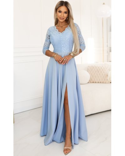 Rochii de nunta, Rochie de ocazie eleganta baby blue cu dantela pe bust si maneca lunga Allegria - jojofashion.ro