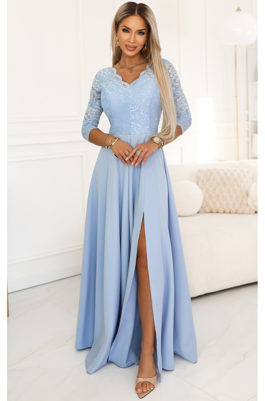 Rochie de ocazie eleganta baby blue cu dantela pe bust si maneca lunga Allegria 1 - jojofashion.ro