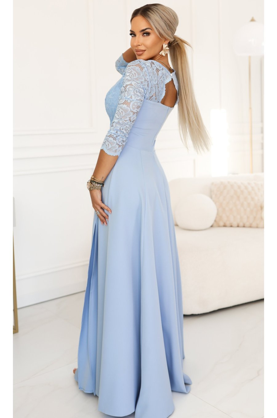 Rochie de ocazie eleganta baby blue cu dantela pe bust si maneca lunga Allegria 2 - jojofashion.ro