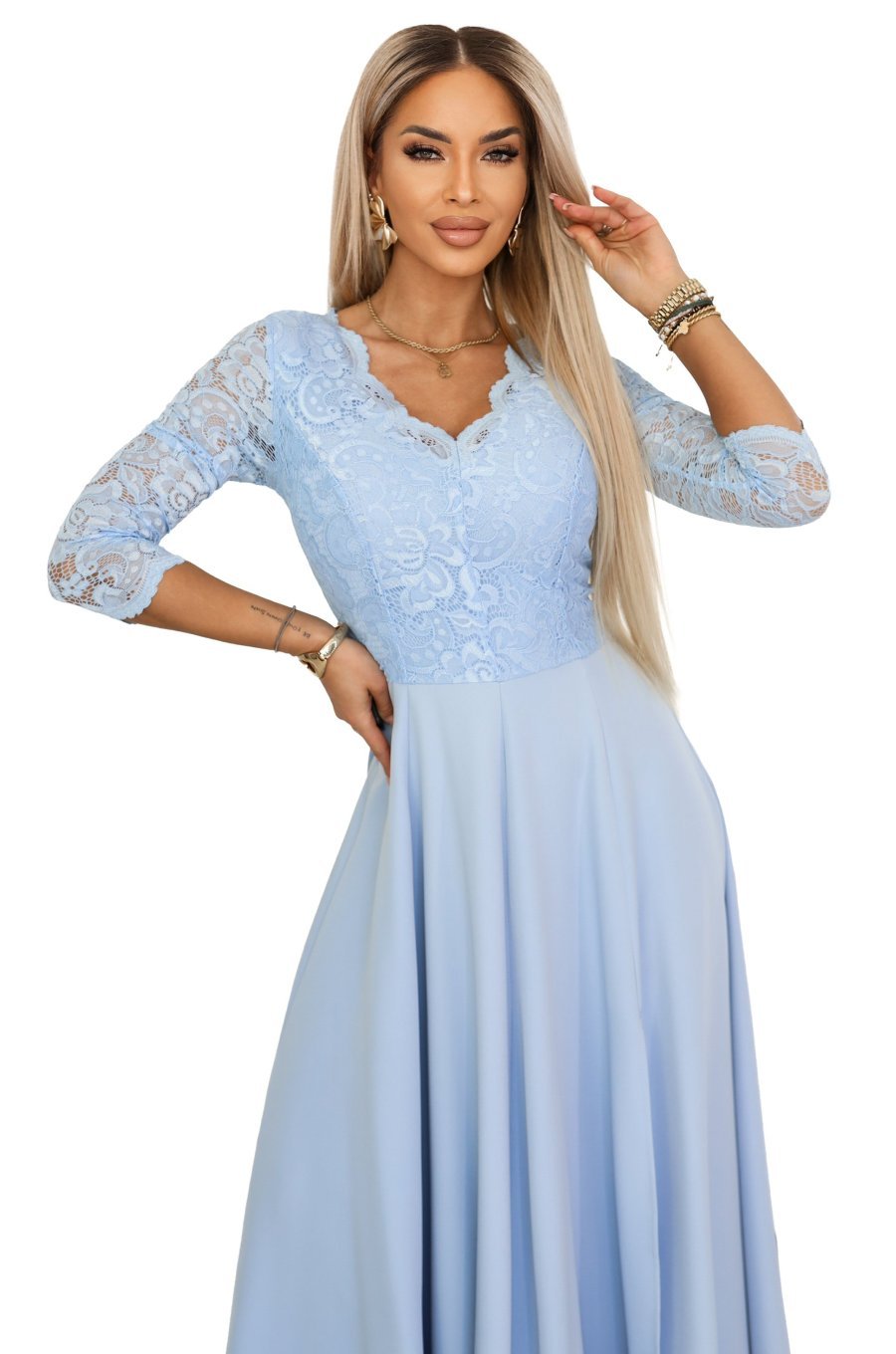 Rochie de ocazie eleganta baby blue cu dantela pe bust si maneca lunga Allegria 3 - jojofashion.ro