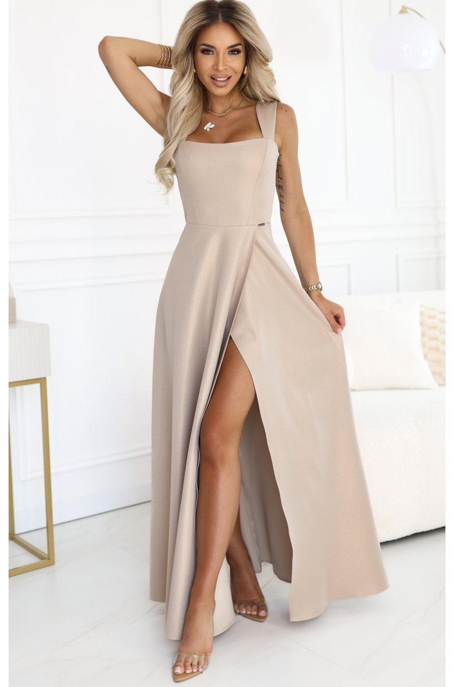 Rochie de ocazie eleganta lunga bej din brocart evazata AureliaN 1 - jojofashion.ro