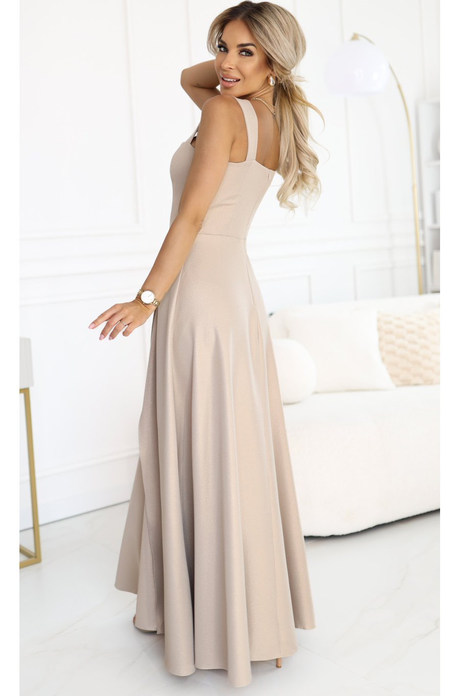 Rochie de ocazie eleganta lunga bej din brocart evazata AureliaN 2 - jojofashion.ro