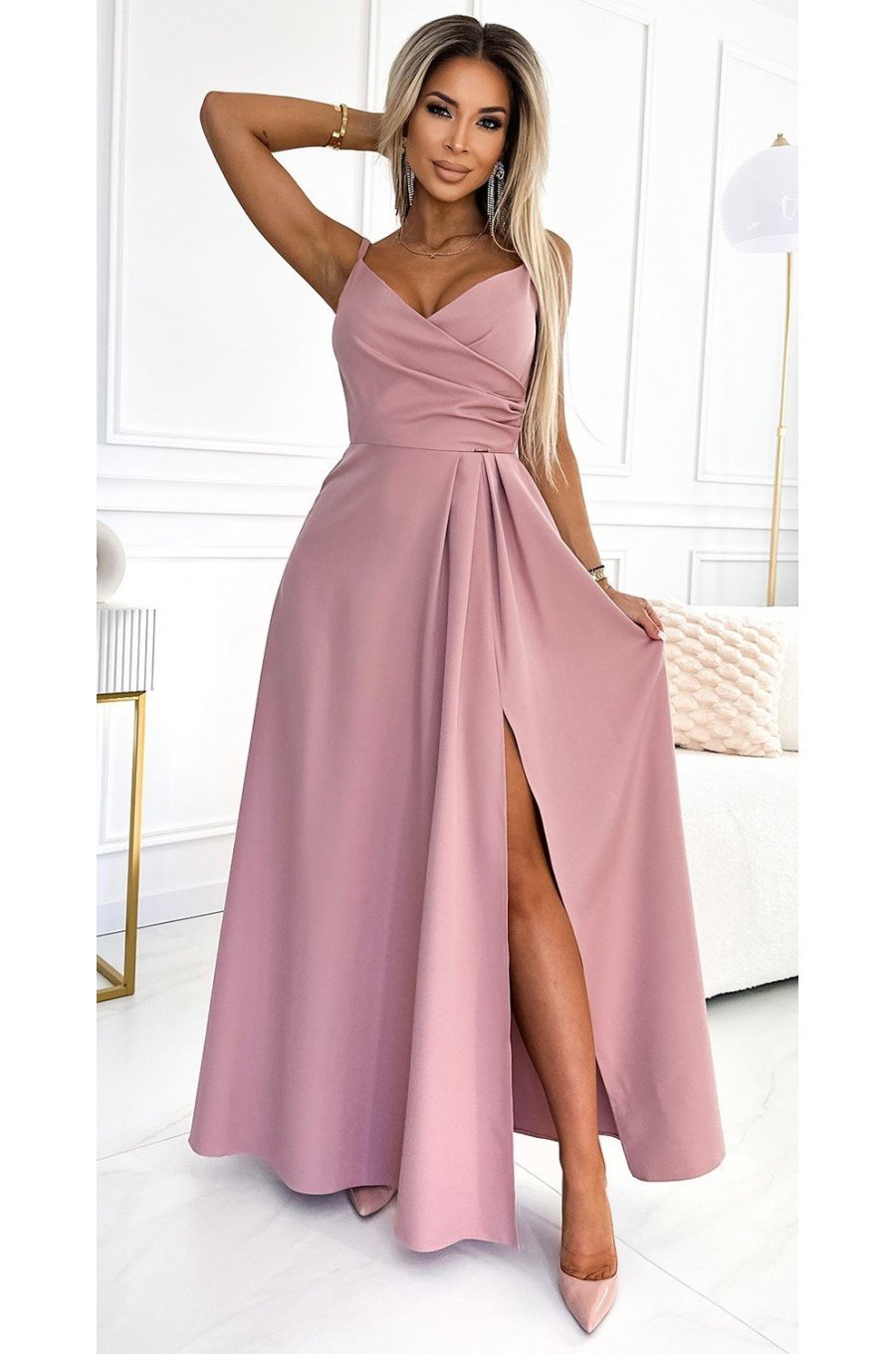 Rochie lunga eleganta roz pudrat petrecuta Scarlett 1 - jojofashion.ro