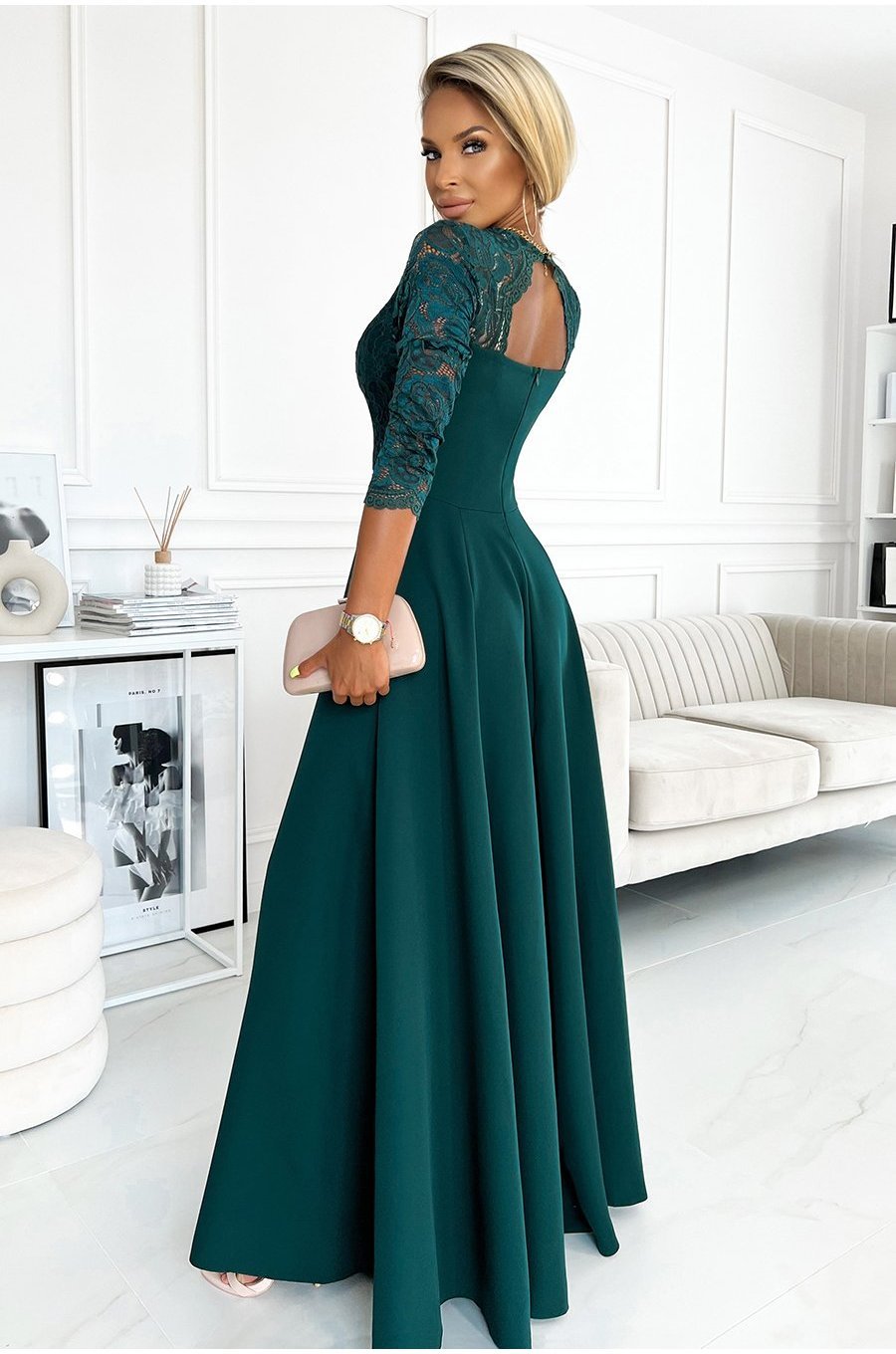 Rochie de ocazie lunga eleganta verde cu dantela pe bust Allegria 2 - jojofashion.ro