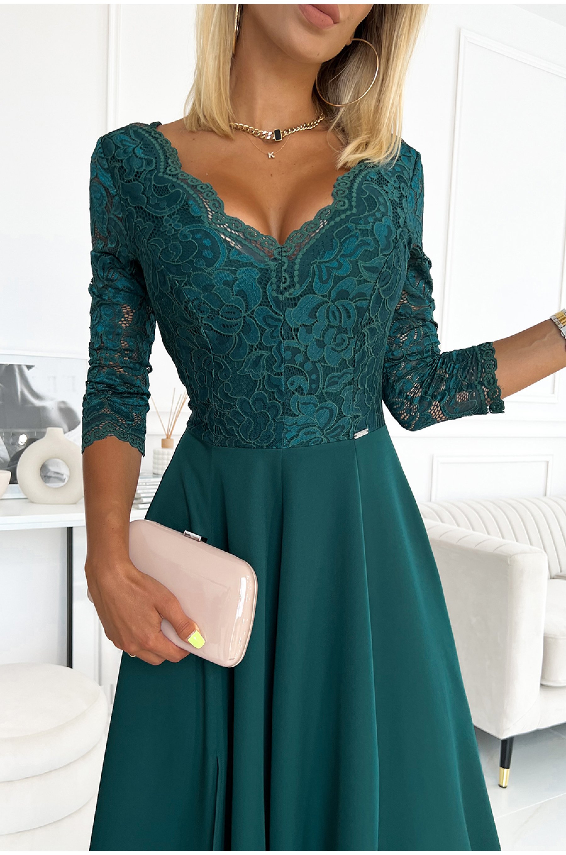 Rochie de ocazie lunga eleganta verde cu dantela pe bust Allegria