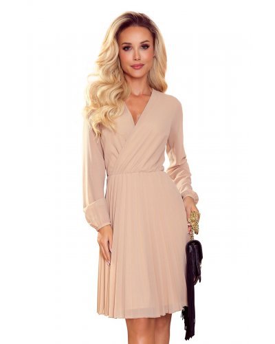 Rochie midi eleganta bej plisata fluida Lisa Rochii cununie civila, Rochie midi eleganta bej plisata fluida Lisa - jojofashion.ro