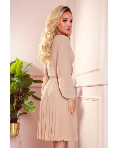 Rochie midi eleganta bej plisata fluida Lisa Rochii cununie civila, Rochie midi eleganta bej plisata fluida Lisa - jojofashion.ro